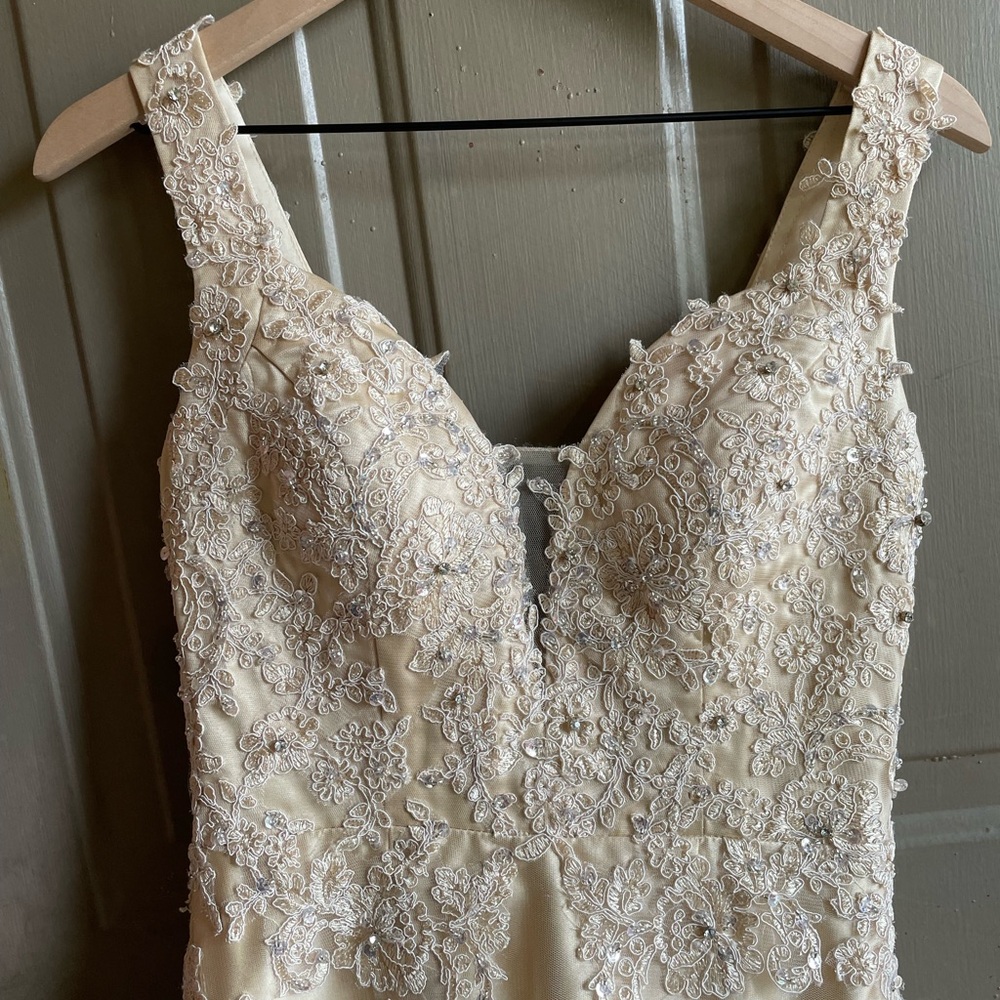 JJ's House Women's Size 8 Champagne Tulle Lace Sleeveless Trumpet Gown NWT